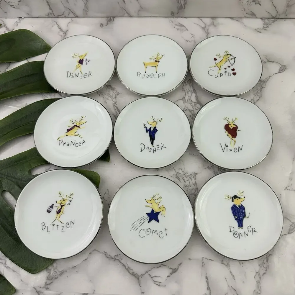 Pottery Barn Santa Reindeer Coasters Mini Appetizer Plates Set 8 Christmas 4in